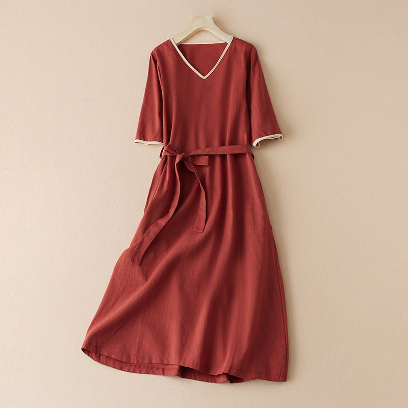 Literary cotton and linen tie dress