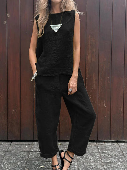 Casual Solid Color Sleeveless Vest & Pants Cotton Linen Two-piece Set