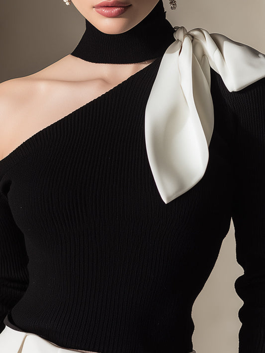 One-Shoulder Knit Top With Contrast Bow Detail