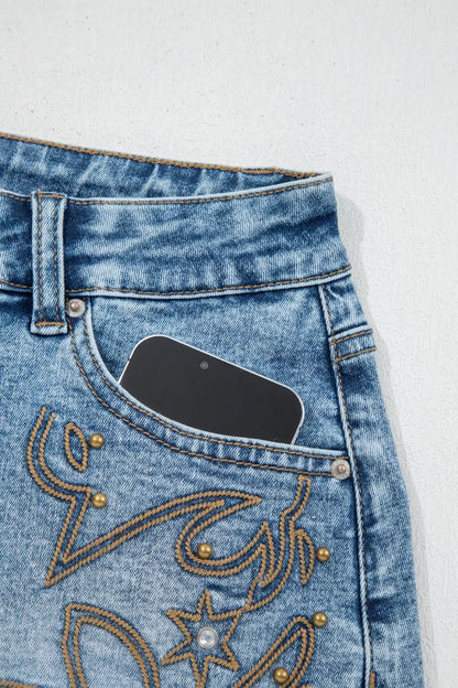 Western Embroidery Stud Denim Shorts