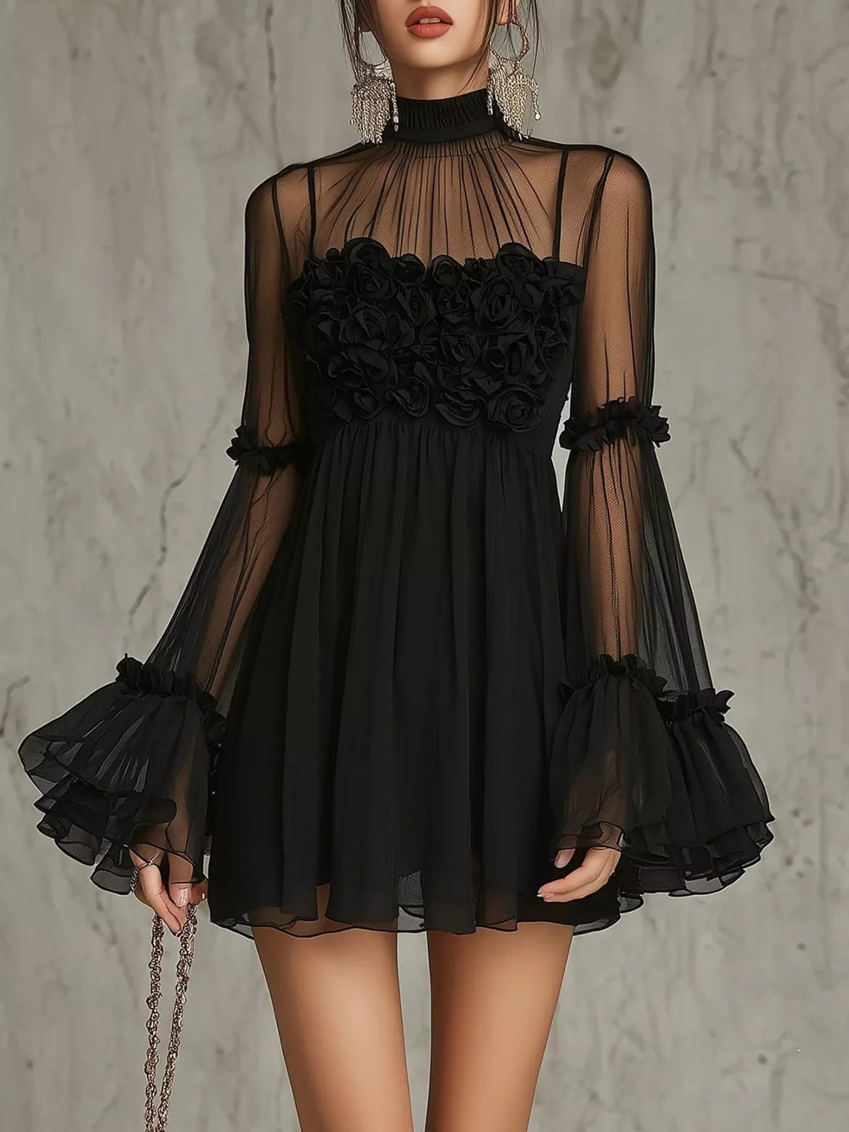 Sheer Mesh Rose Applique Mini Dress