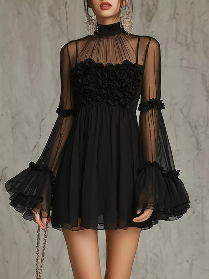 Sheer Mesh Rose Applique Mini Dress