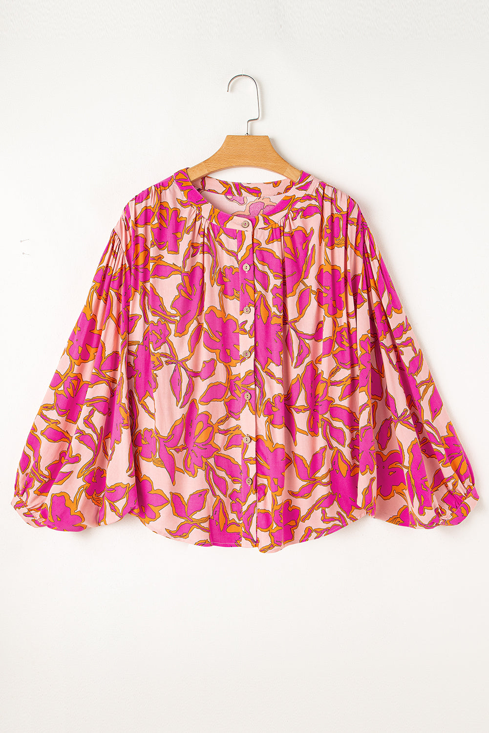 Anne's Pink Floral Print Batwing Sleeve Buttoned Loose Fit Shirt