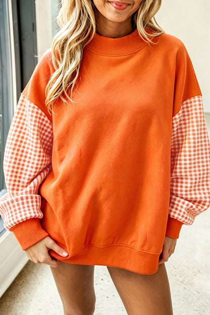 Evergreen Plaid Sleeve Colorblock Loose Tunic Sweatshirt