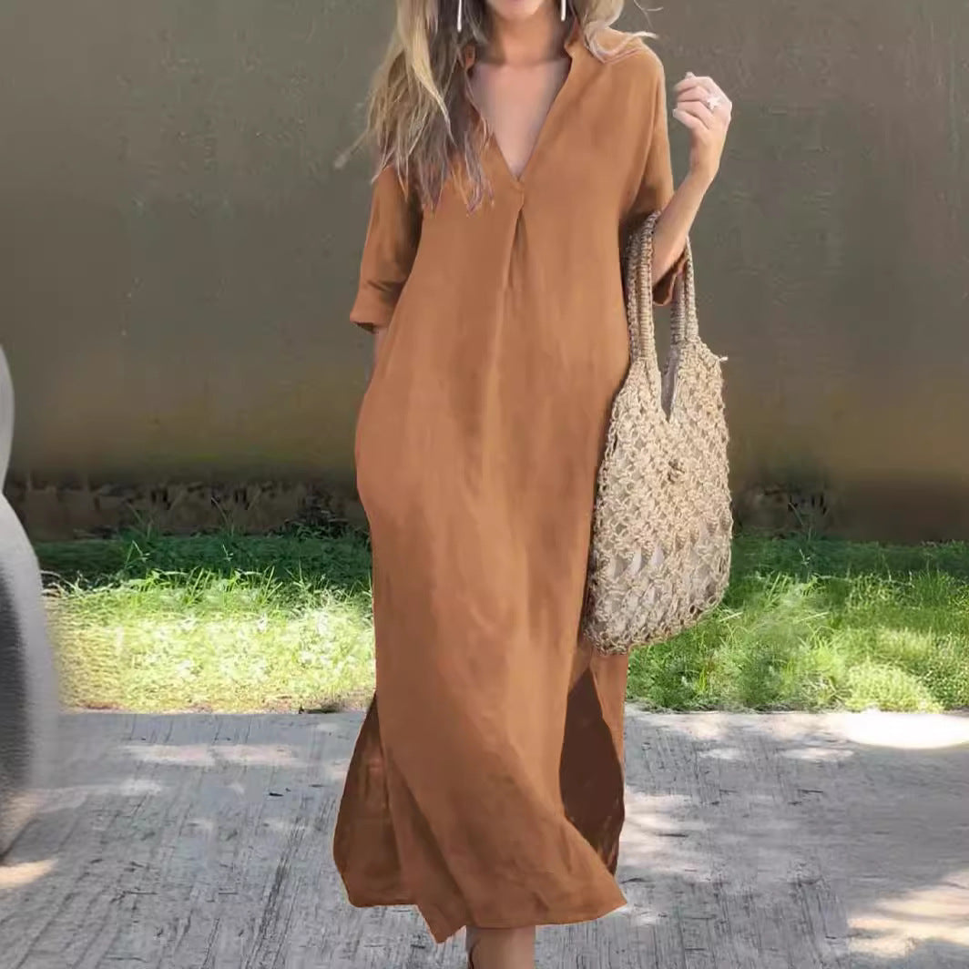 Casual Solid Color V-Neck Loose Cotton Linen Dress