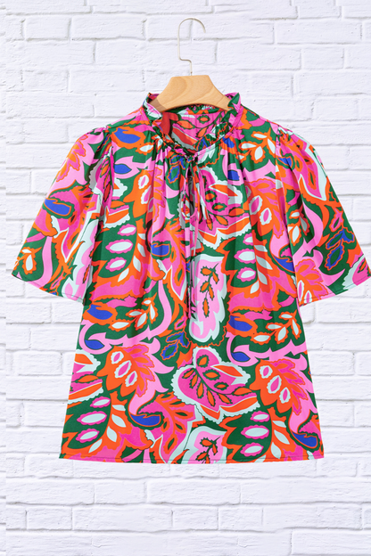 Tropical Print Short Sleeve Tie Neck Blouse – Multicolor