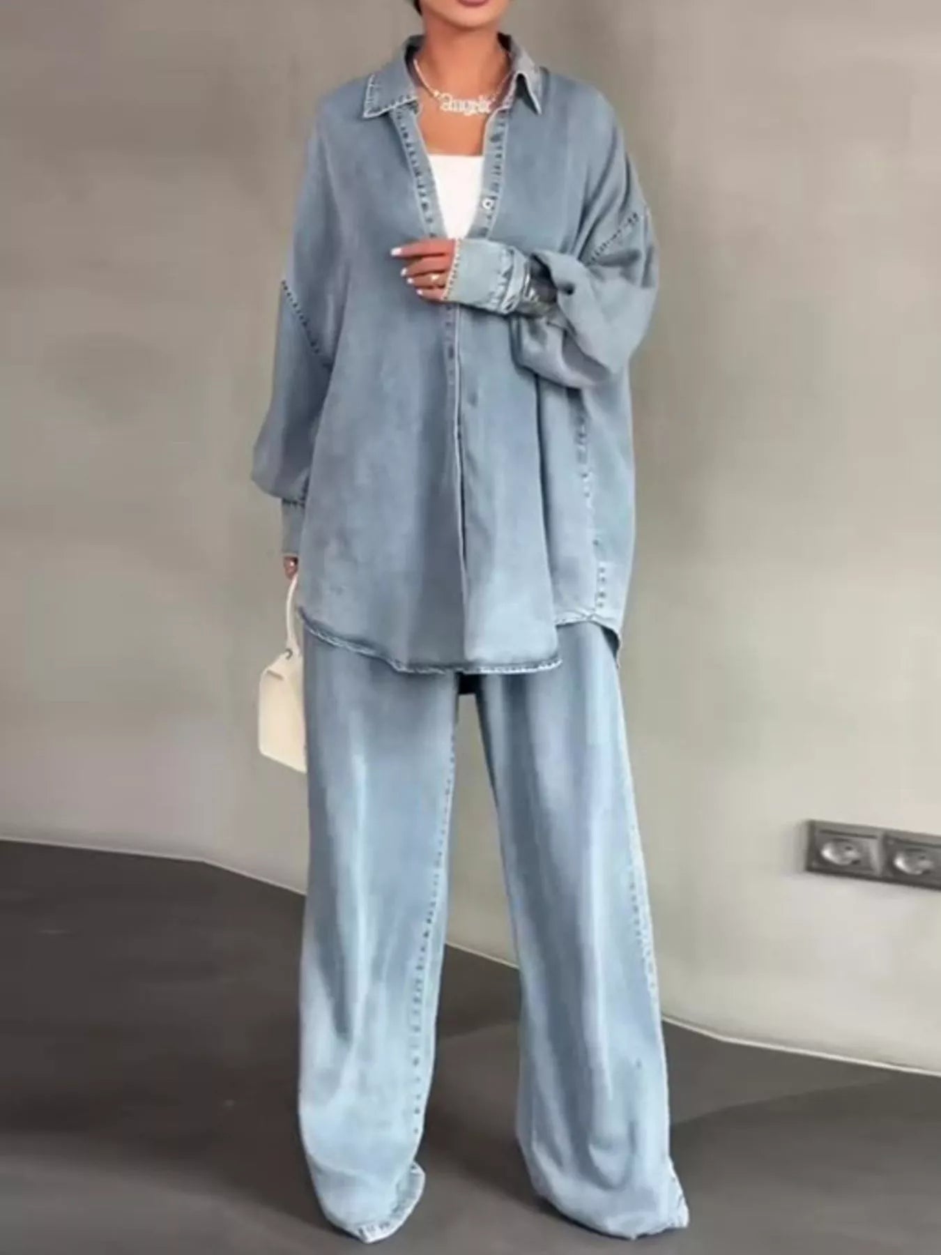 Wash Button Up Shirt and Wide-Leg Pants Denim Set