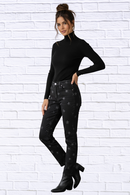 Star Printed Denim Jeans - Black and white Star Print
