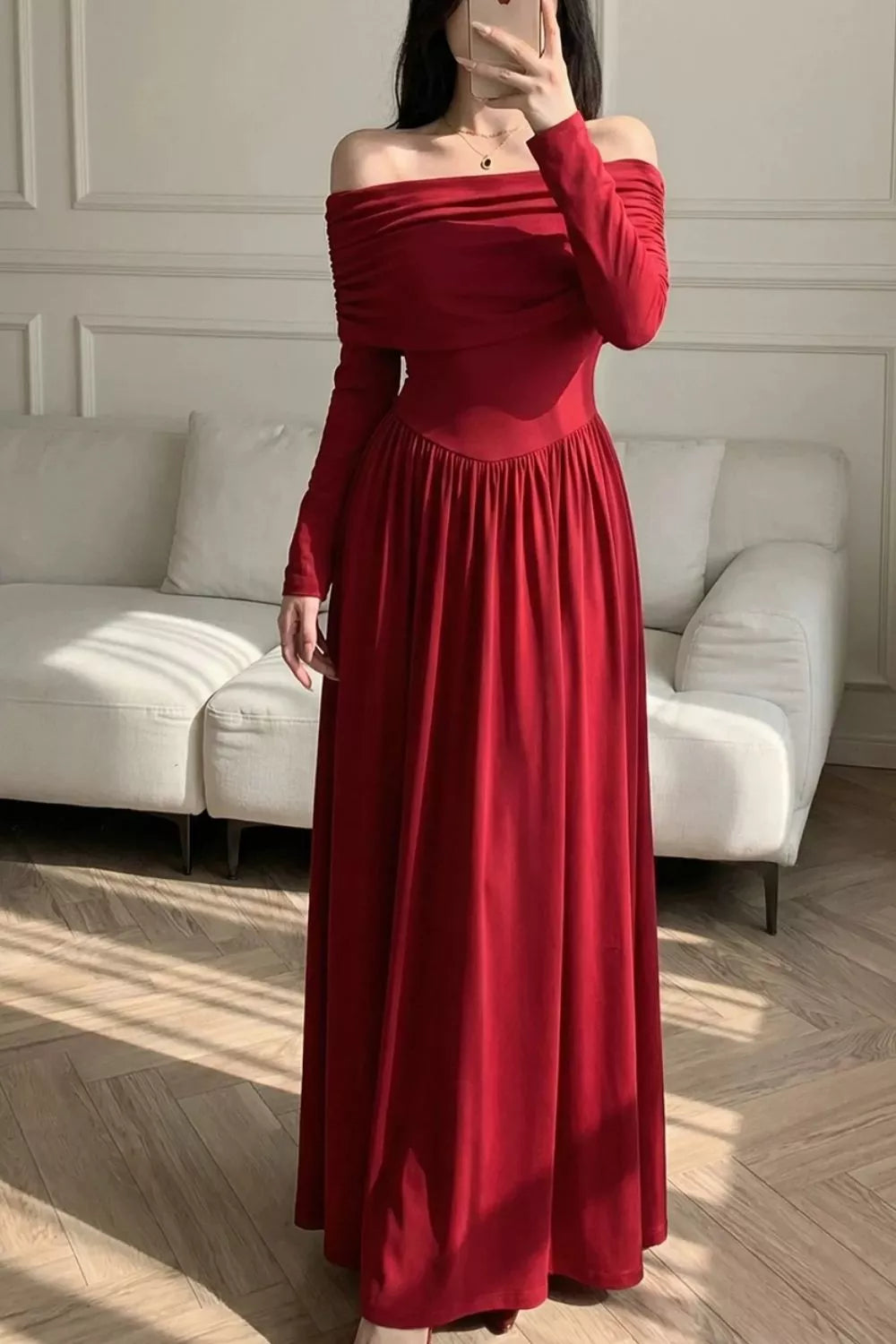 Off-Shoulder Ruched Bodycon Maxi Dress