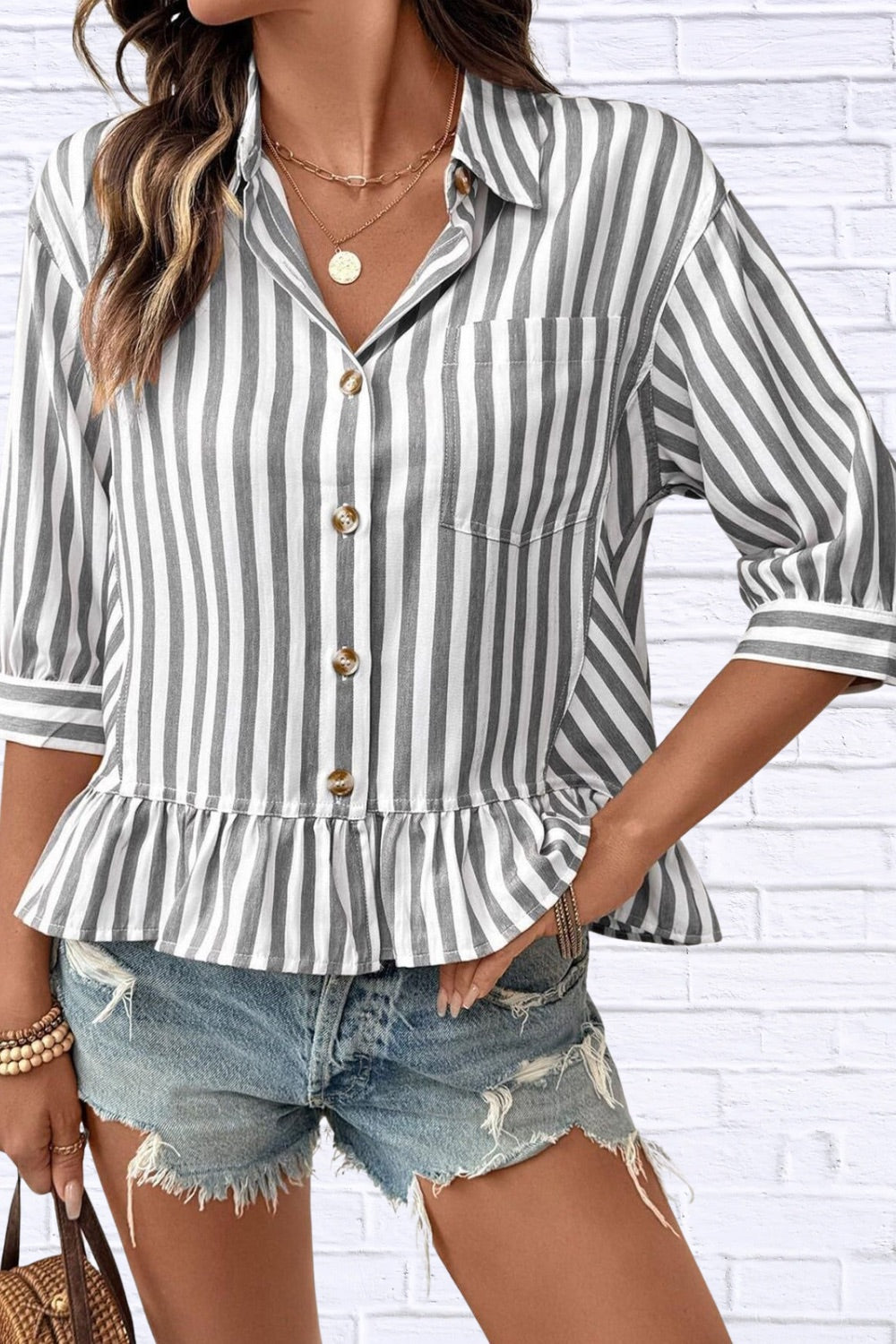 Striped Ruffle Hem Button-Down Shirt | Chic Women’s Top