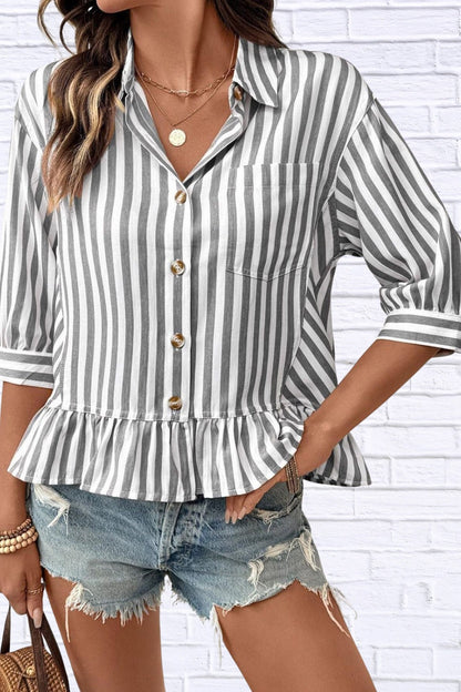 Striped Ruffle Hem Button-Down Shirt | Chic Women’s Top