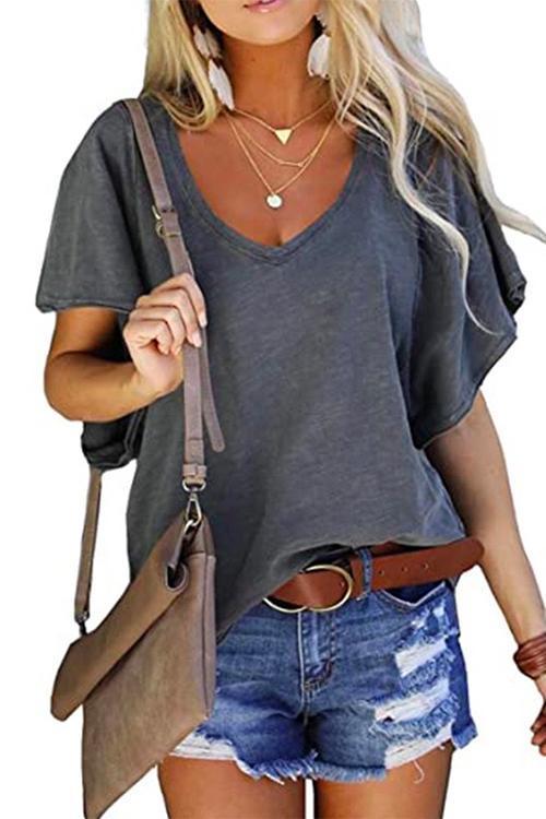 Rosiedress V Neck Flare Sleeve Summer T Shirt Gray