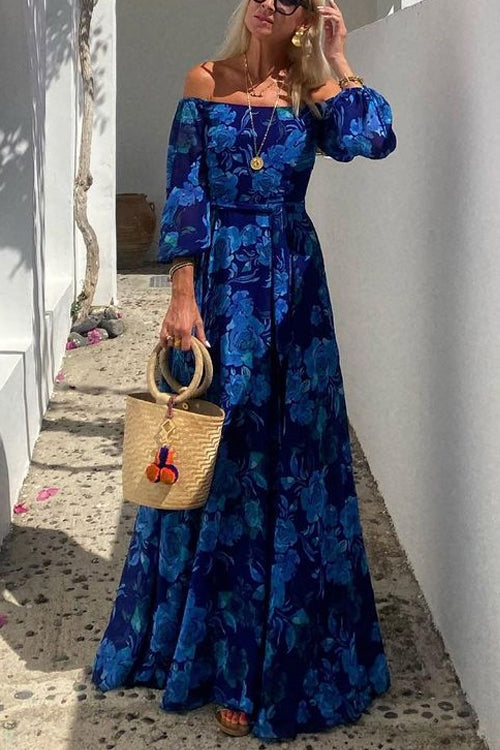 Rosiedress Off Shoulder Waisted Floral Maxi Swing Dress Blue