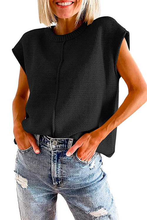 Crewneck Cap Sleeves Pullover Sweater Black