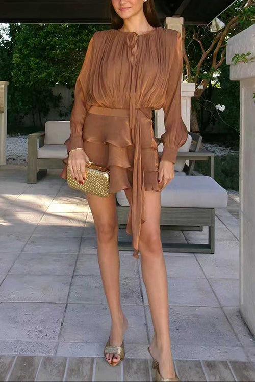 Lantern Long Sleeves Draped Ruffle Layered Mini Dress with Shorts