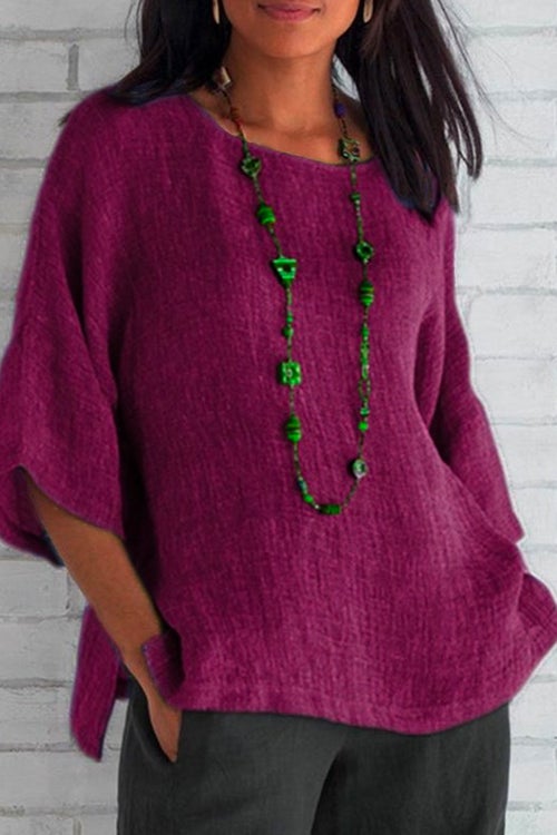 3/4 Sleeve Side Split Solid Cotton Linen Top Purple