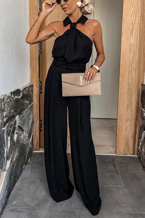 Collared Sleeveless Wide Leg Pocketed Jumpsuit Black