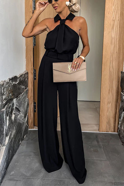 Collared Sleeveless Wide Leg Pocketed Jumpsuit Black