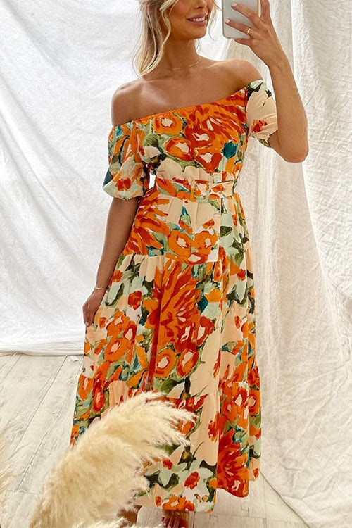 Off Shoulder Belted Ruffle Swing Printed Maxi Dress Orange