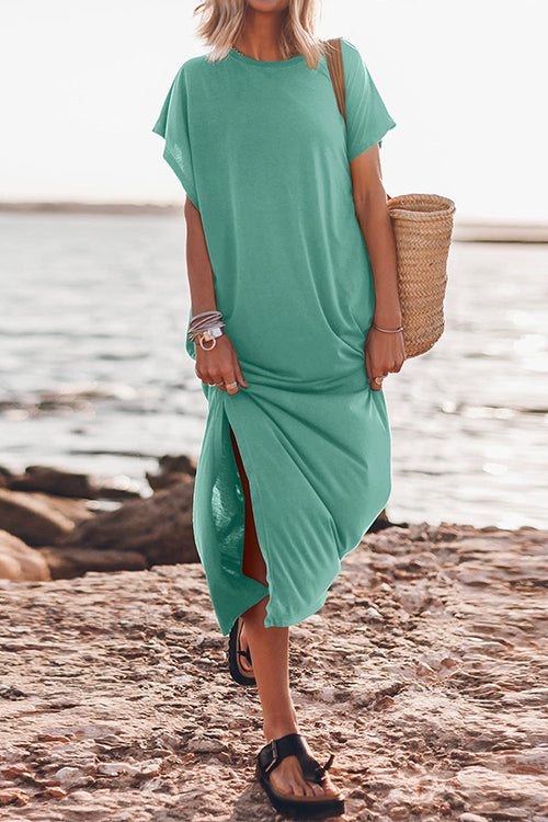 Rosiedress Solid Short Sleeve Side Split Maxi Casual Dress Green