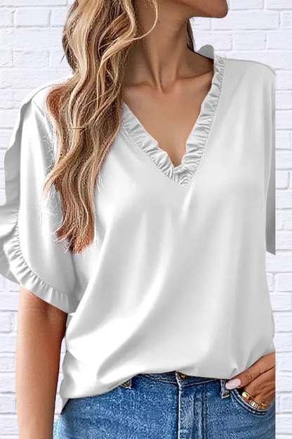 Ruffled V-Neck Short Sleeve Blouse