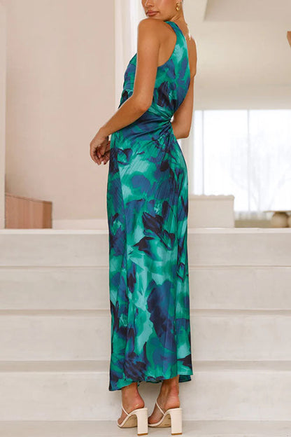One Shoulder Drawstring Cut Out Printed Maxi Pleated Dress