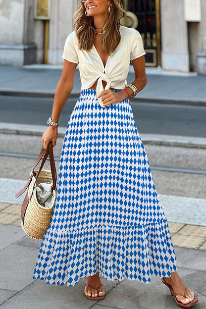 High Waist Printed Maxi Ruffle Swing Skirt Blue
