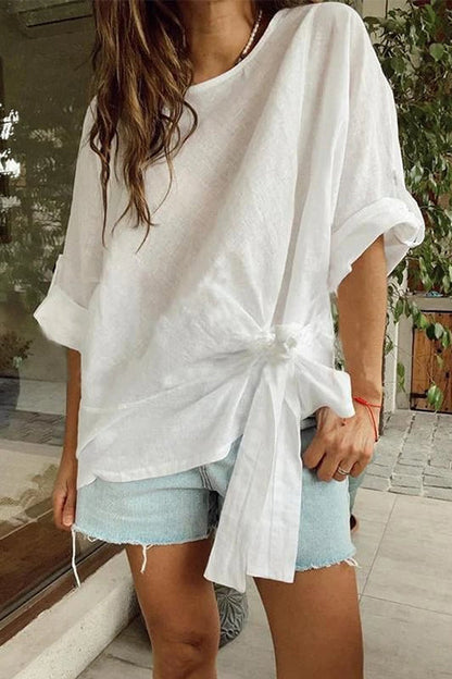 Rolled Up Sleeves Tie Knot Loose Top White