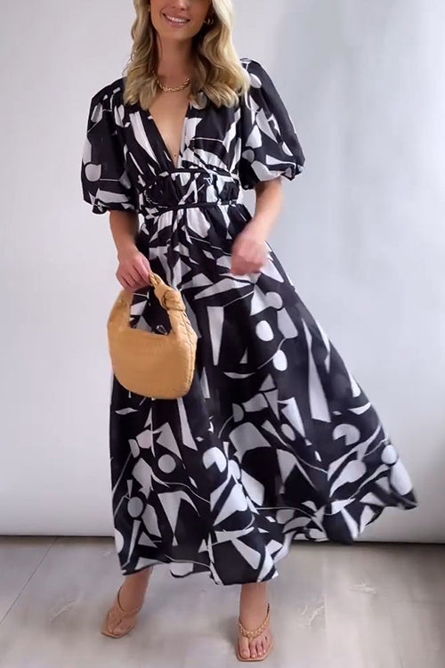 V Neck Half Sleeves Waisted Printed Maxi Swing Dress Black