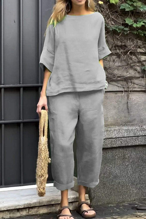 Rosiedress Cotton Linen Half Sleeves Pullover Top Wide Leg Tapered Pants Set Gray