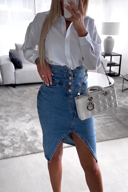 Rosiedress High Waist Slit Front Knee Length Denim Skirt