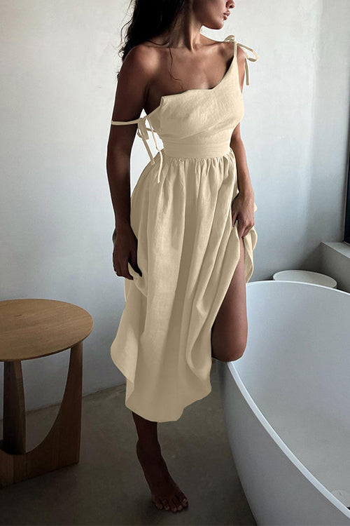 Tie Shoulder Backless Waisted Swing Maxi Cami Dress Apricot