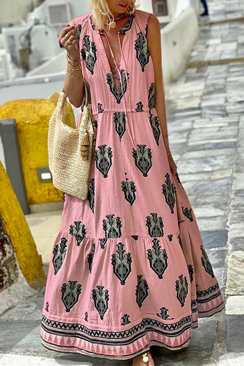 Tassle Deep V Neck Sleeveless Printed Maxi Swing Holiday Dress Pink