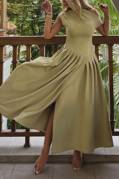 Rosiedress Elegant Asymmetric Shoulder Pleated Swing Maxi Dress