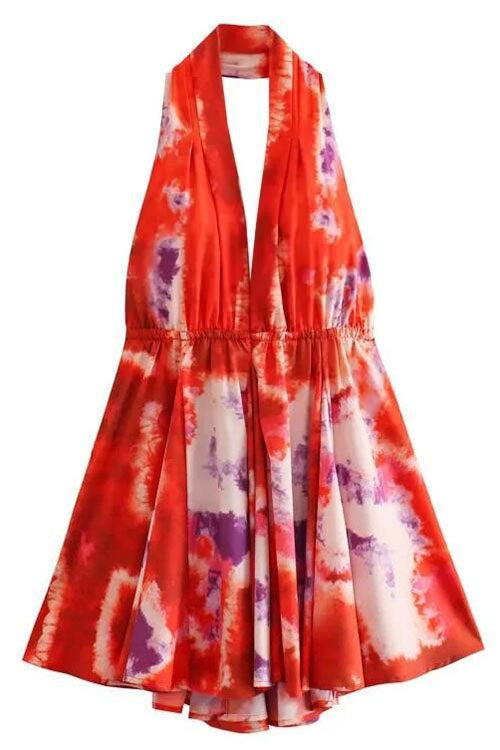 Deep V Neck Halter Backless Printed Mini Vacation Dress Red