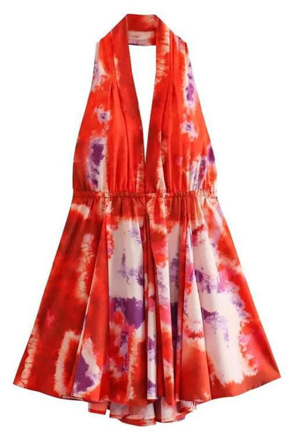 Rosiedress Deep V Neck Halter Backless Printed Mini Vacation Dress Red