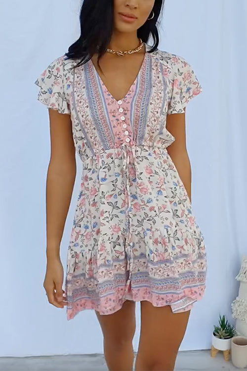 Buttoned V Neck Floral Print Pretty Mini Dress Pink