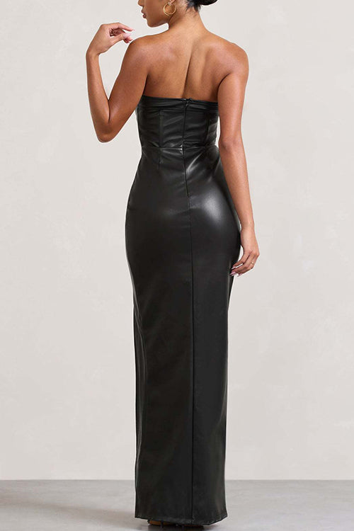 Rosiedress Strapless High Slit Faux Leather Bodycon Maxi Dress