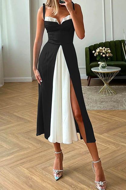 Rosiedress Tie Shoulder Color Block Splice Swing Midi Cami Dress