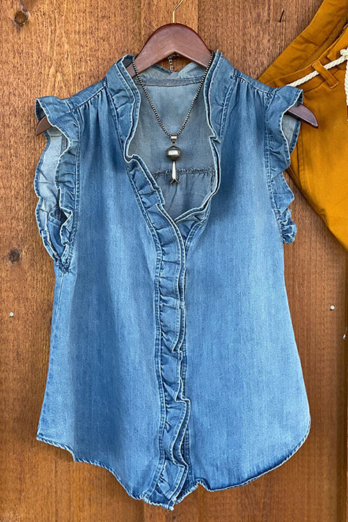 Rosiedress V Neck Ruffle Trim Sleeveless Denim Top