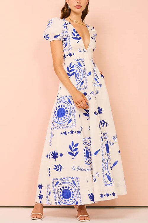 V Neck Puff Sleeves Resort Print A-line Maxi Dress