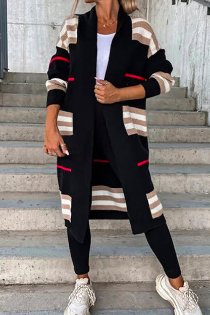 Open Front Color Block Striped Splice Long Sweater Cardigan Black