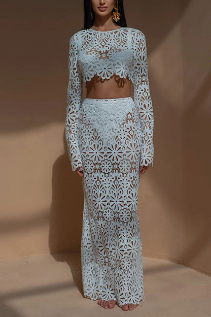 Rosiedress Crochet Lace Cover-up Crop Top and Maxi Skirt Vacation Set