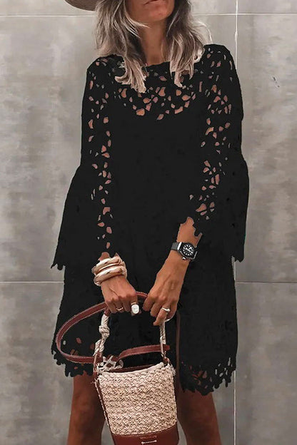 Bell Sleeves Hollow Out Lace Dress with Slip Black