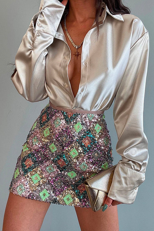 Rosiedress Chic Long Sleeves Button Down Satin Bouse Shirt