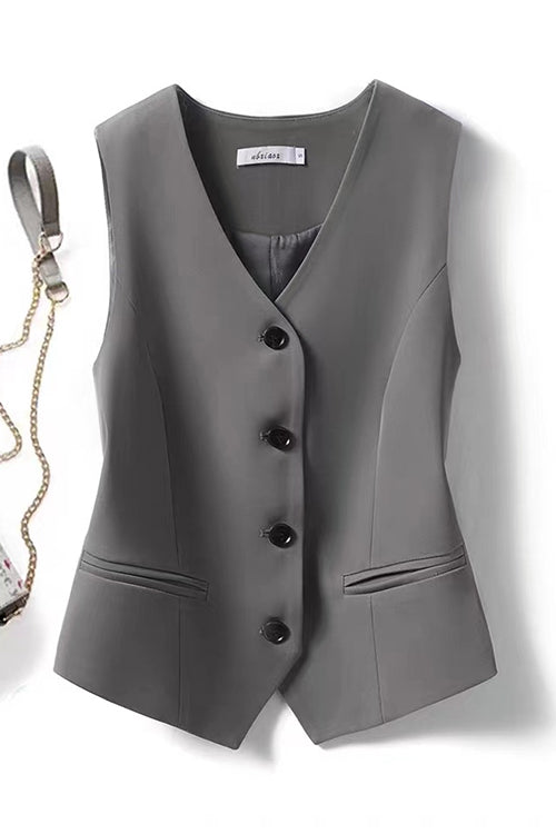 Rosiedress V Neck Button Up Pocketed Blazer Vest