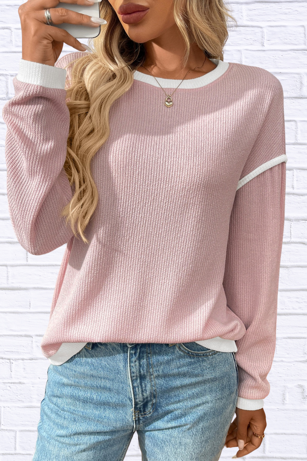 Ribbed Contrast Trim Long Sleeve Top