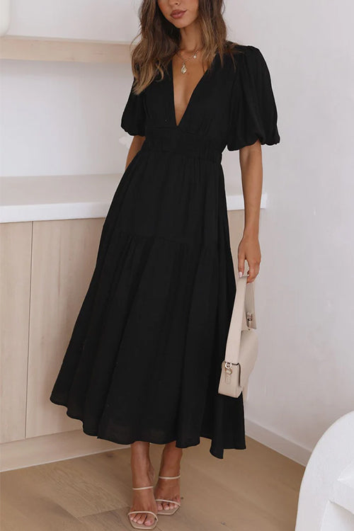 Rosiedress V Neck Lantern Sleeves Waisted Ruffle Maxi Dress Black