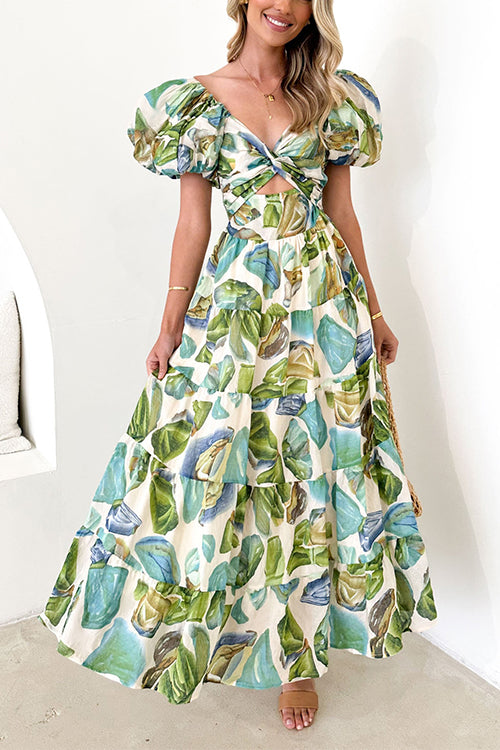 Rosiedress Twist Front Puff Sleeves Ruffle Tiered Printed Maxi Dress