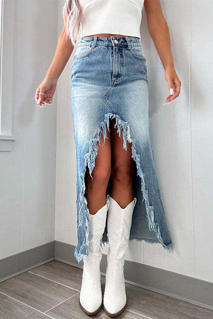 Frayed High Low Hem Distressed Maxi Skirt